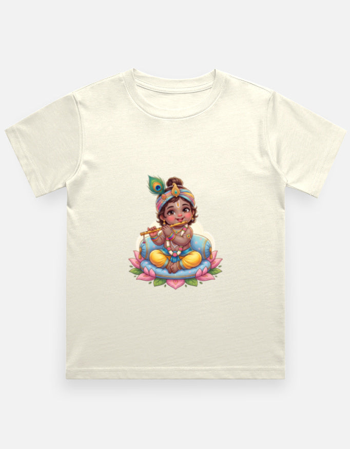 Kids crew neck T-shirt, off-white, front Krishna-style graphic print