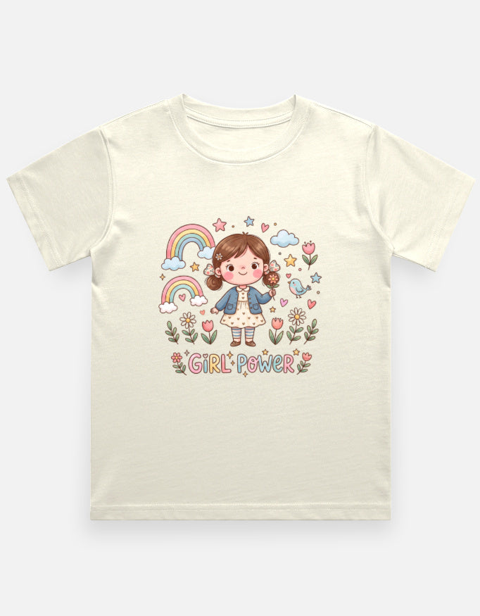 Kids girl graphic crew neck T-shirt in off-white with rainbow and girl power print