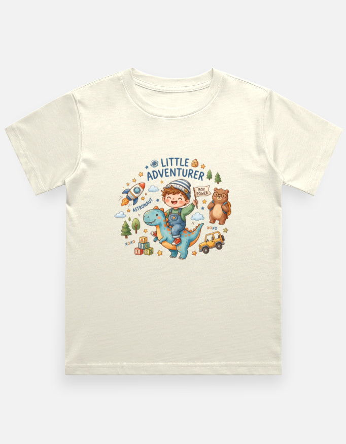 Kids graphic crew-neck T-shirt, off-white, front cartoon adventure print.
