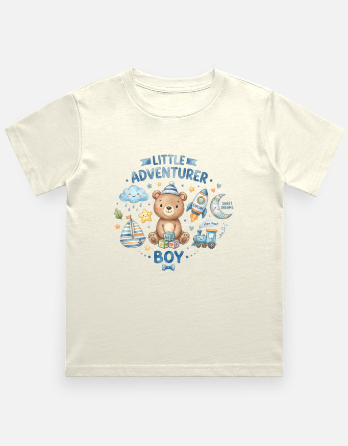 Off-white kids graphic crew neck T-shirt with teddy bear and adventure boy print