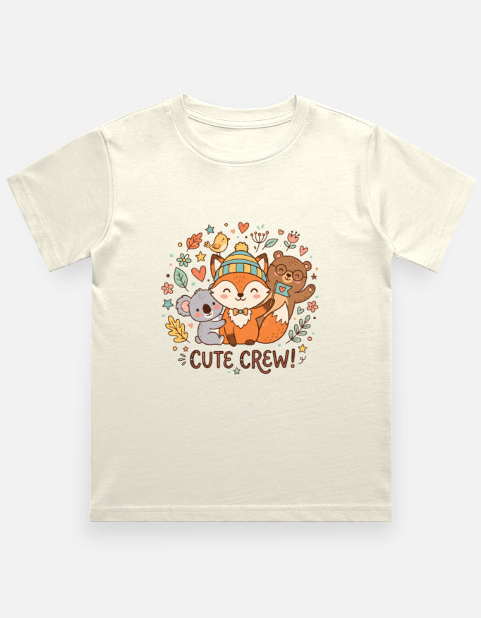 Off-white kids crew neck T-shirt with colorful 'CUTE CREW!' animal graphic