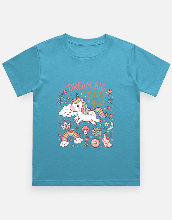 Sky blue kids graphic crew-neck T-shirt with unicorn and floral "DREAM BIG" print