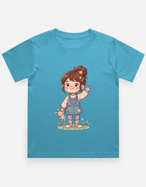 Kids graphic crew neck T-shirt, sky blue with girl character and teddy print on front