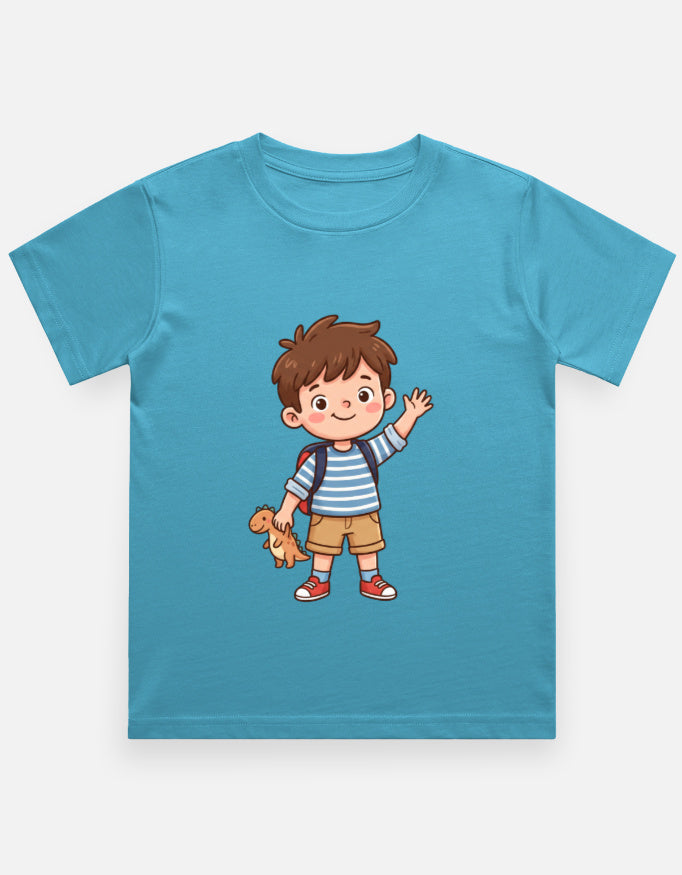 Kids crew neck T-shirt in turquoise with cartoon boy and dog graphic on front