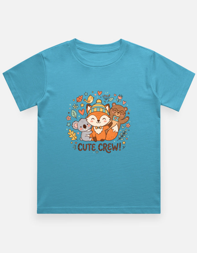 Sky blue kids crew neck T-shirt with colorful 'CUTE CREW!' animal graphic