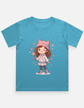 Kids girl’s graphic crew neck T-shirt, teal with cartoon girl illustration on front.