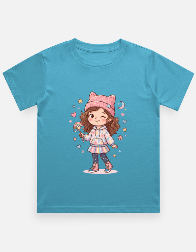Kids girl’s graphic crew neck T-shirt, teal with cartoon girl illustration on front.