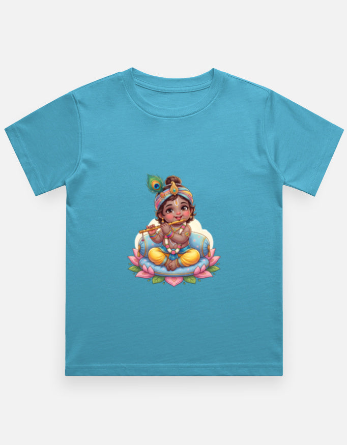 Kids crew neck T-shirt, sky blue, front Krishna-style graphic print