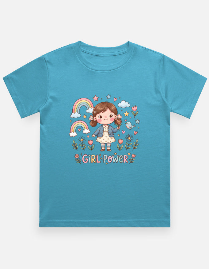 Kids graphic crew neck T-shirt, sky blue with rainbow girl “Girl Power” print