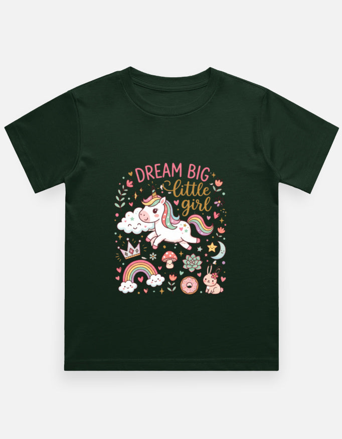 Bottle green kids graphic crew-neck T-shirt with unicorn and floral "DREAM BIG" print