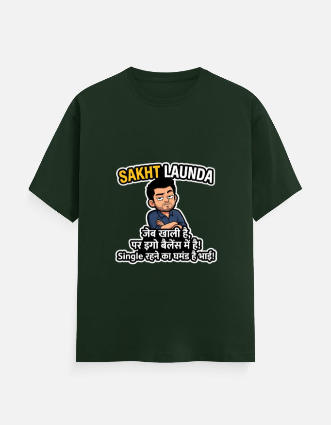 Green unisex crew-neck T-shirt with Hindi slogan graphic and cartoon face on chest