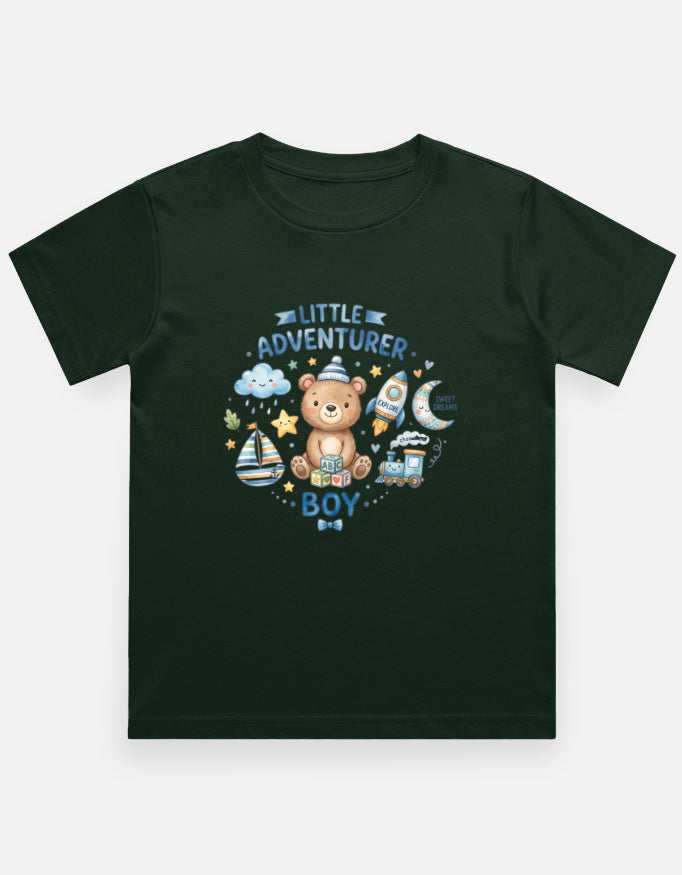 Bottle green kids graphic crew neck T-shirt with teddy bear and adventure boy print
