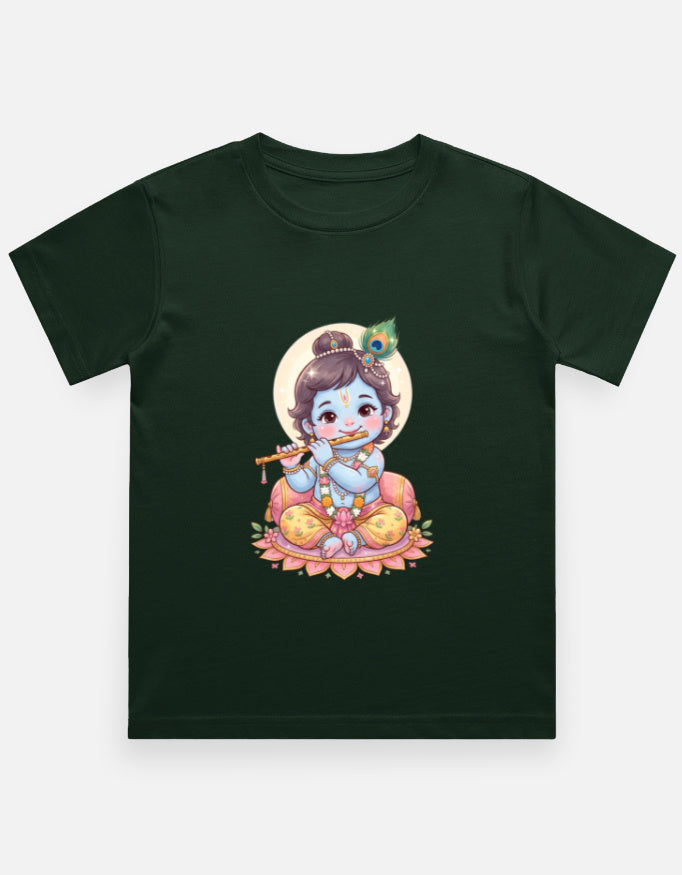 Kids crew neck T-shirt, dark green, front Krishna-style graphic print