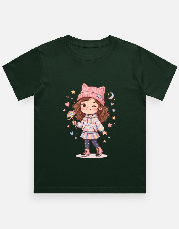 Kids girl’s graphic crew neck T-shirt, dark green with cartoon girl illustration on front.