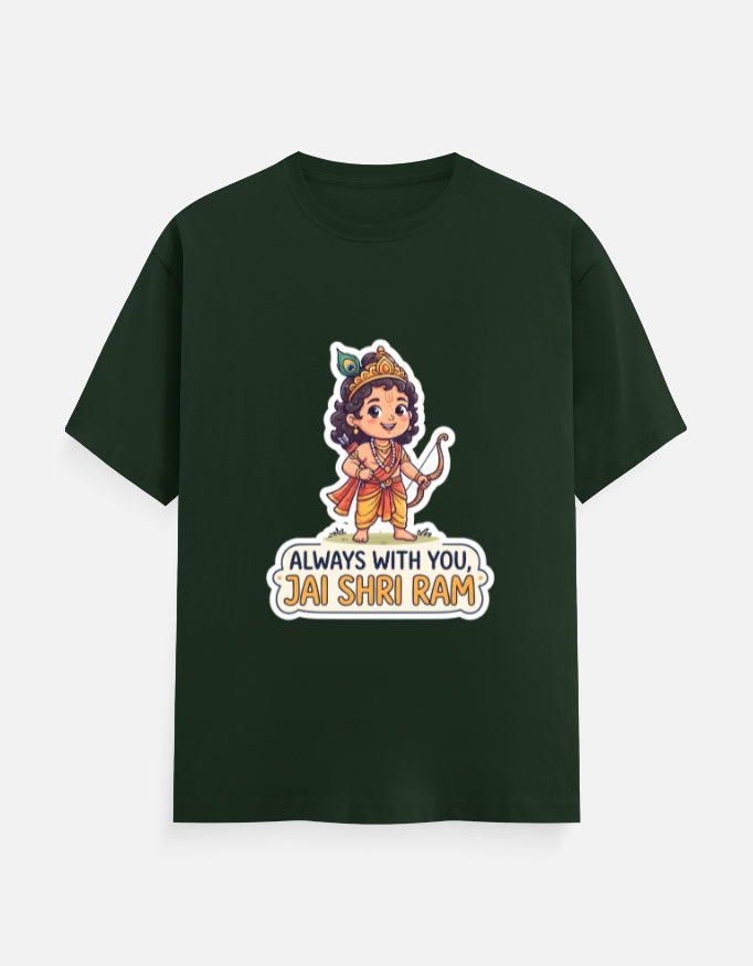 Dark green unisex crew-neck t-shirt with colorful deity graphic and "Always with you, Jai Shri Ram"