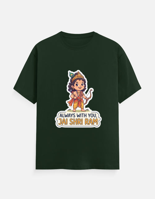 Dark green unisex crew-neck t-shirt with colorful deity graphic and "Always with you, Jai Shri Ram"