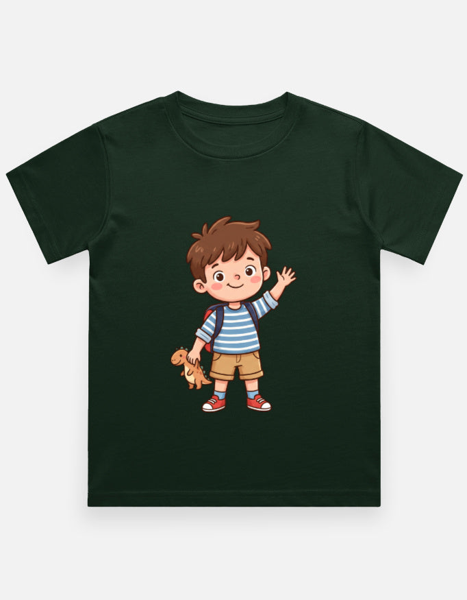 Kids crew neck T-shirt in dark green with cartoon boy and dog graphic on front