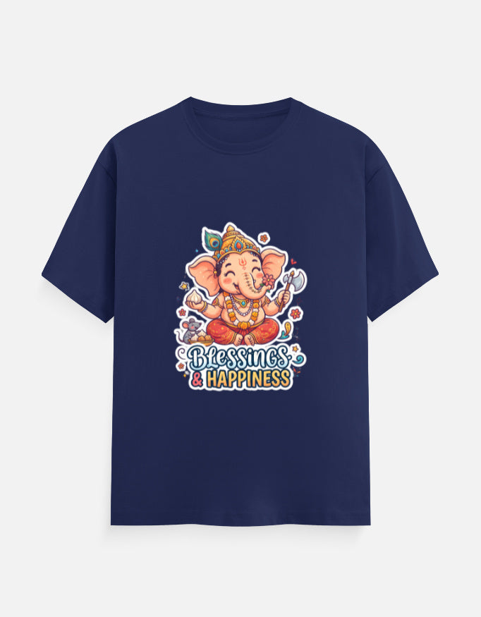 Royal blue unisex crew neck t-shirt with Ganesha 'Blessings & Happiness' graphic
