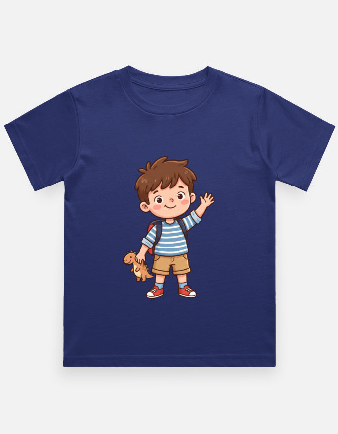 Kids crew neck T-shirt in royal blue with cartoon boy and dog graphic on front