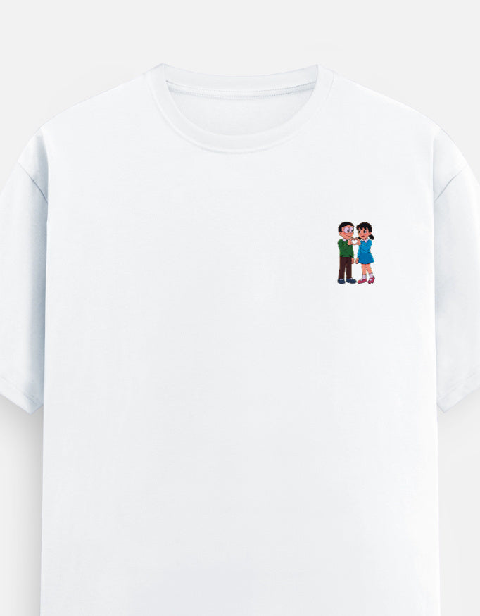 White unisex crew-neck T-shirt with small colorful couple graphic on chest