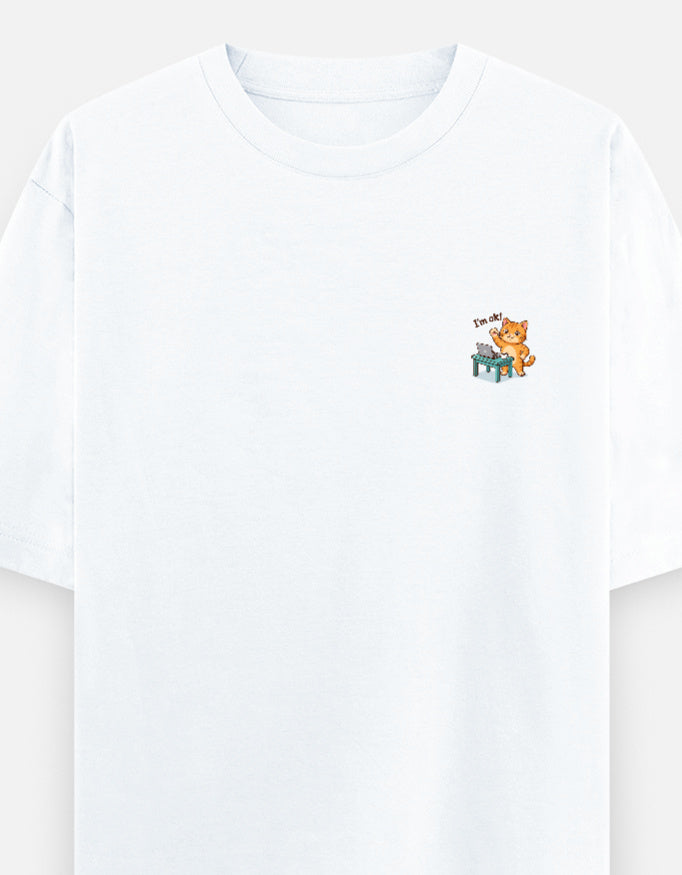 Unisex oversized round-neck T-shirt, white, small cartoon graphic on chest