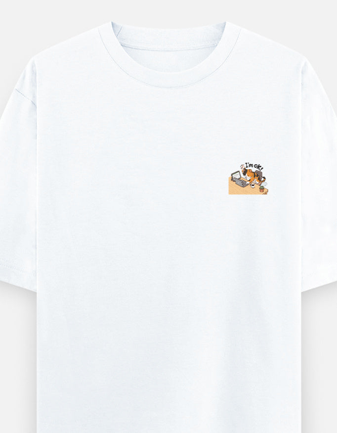 White unisex oversized round-neck T-shirt with small chest graphic.