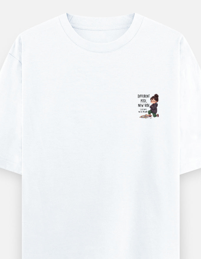 Unisex graphic oversized round-neck T-shirt in white with small chest print.