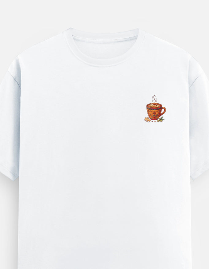 White unisex crew-neck T-shirt with small tea cup graphic on the chest.