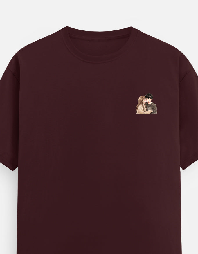 Unisex crewneck T-shirt, maroon with small chest couple graphic