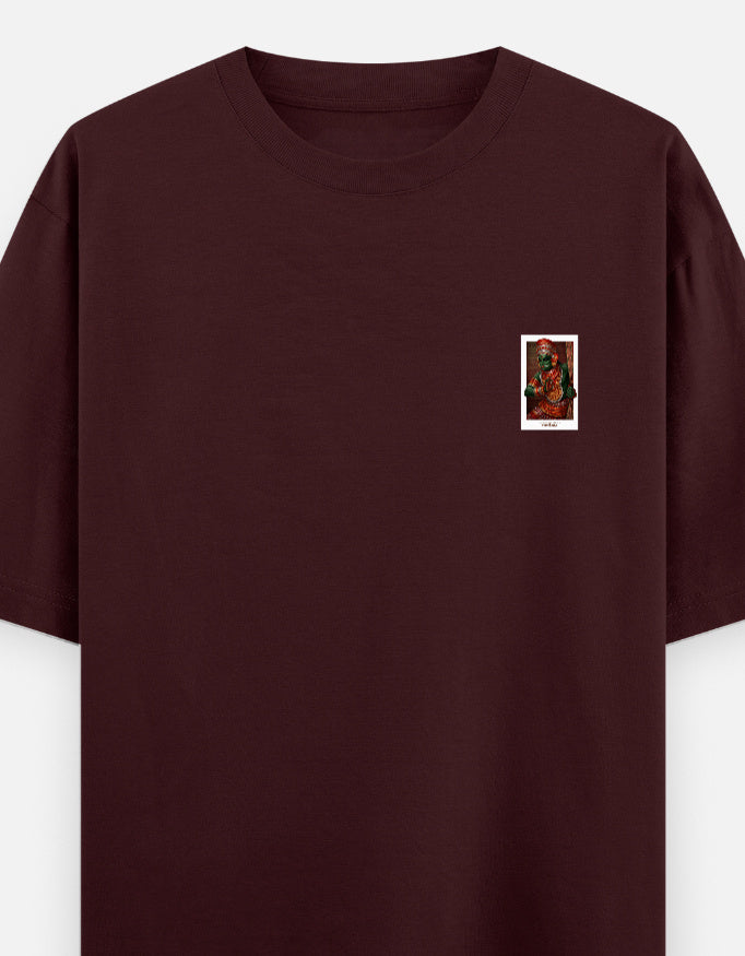 Oversized unisex round-neck T-shirt in maroon with small chest graphic print