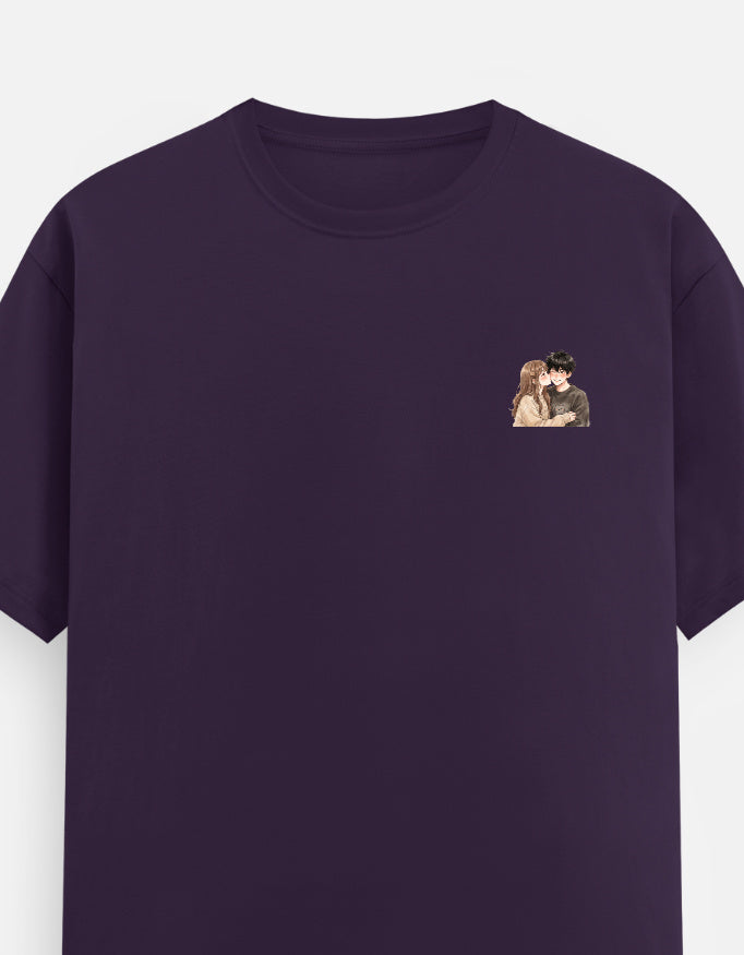 Unisex crewneck T-shirt, purple with small chest couple graphic