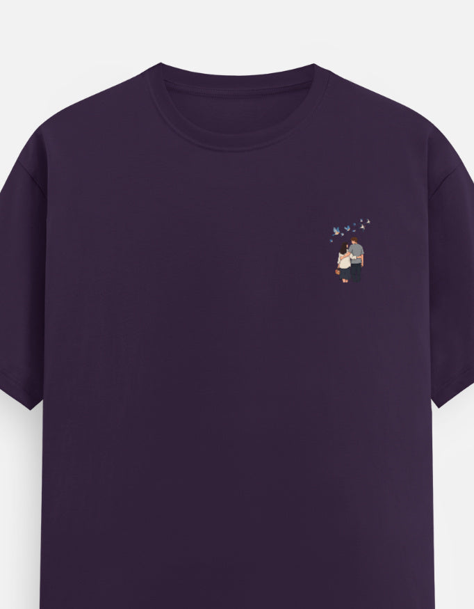 Unisex crew-neck t-shirt, purple, small pixel couple graphic on chest