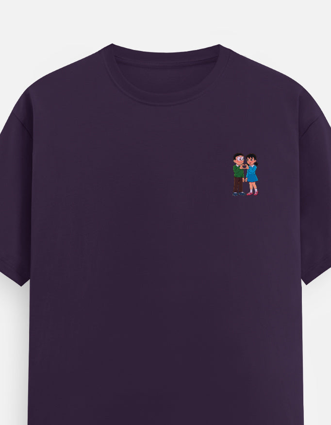 Purple unisex crew-neck T-shirt with small colorful couple graphic on chest