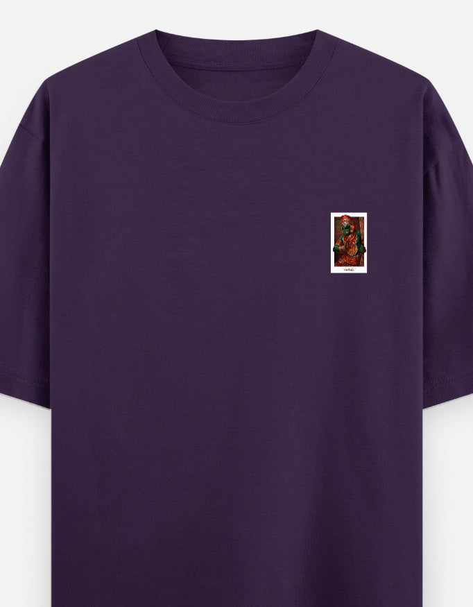 Oversized unisex round-neck T-shirt in purple with small chest graphic print