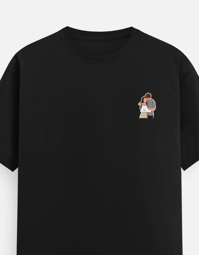 Black unisex crew neck T-shirt with small chest couple graphic print.