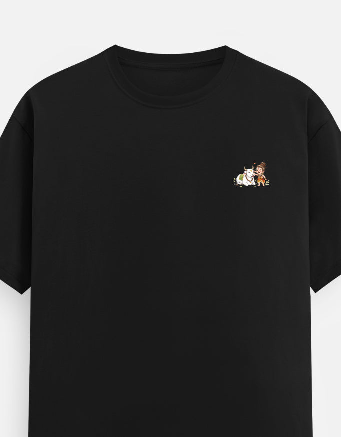 Unisex crew neck graphic t-shirt in black, small chest character print