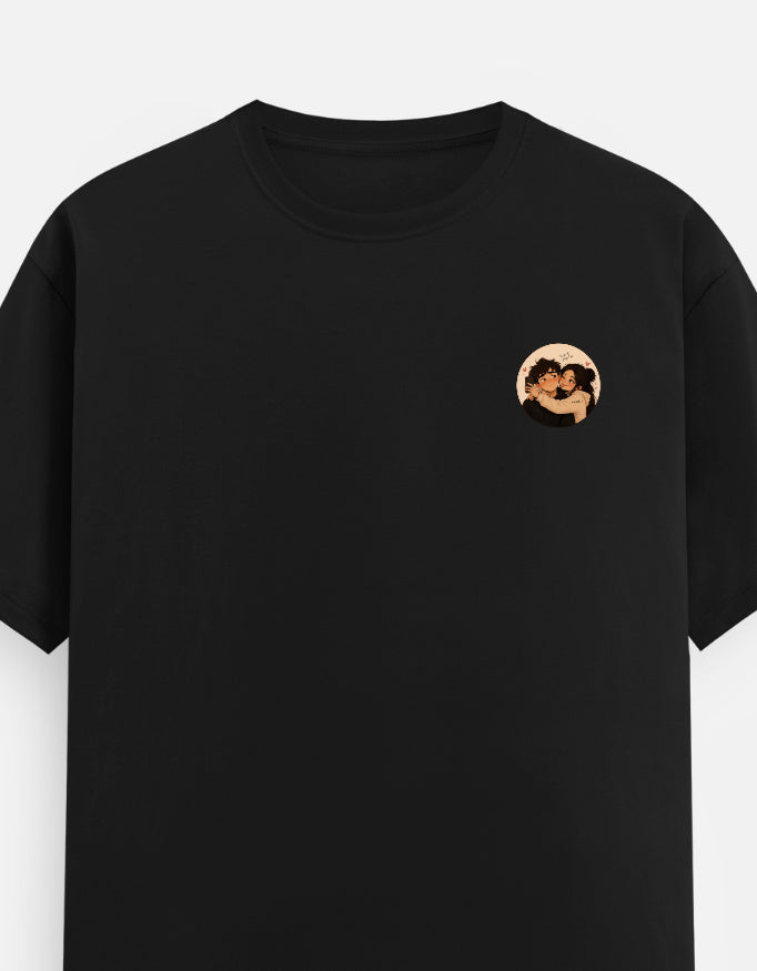 Unisex black crew-neck t-shirt with small round chest graphic