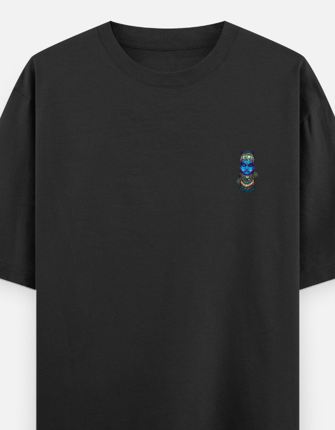 Black unisex oversized round-neck T-shirt with small colorful face graphic on chest