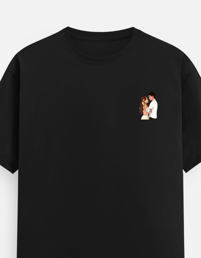 Black unisex crewneck T-shirt with small couple graphic on left chest.
