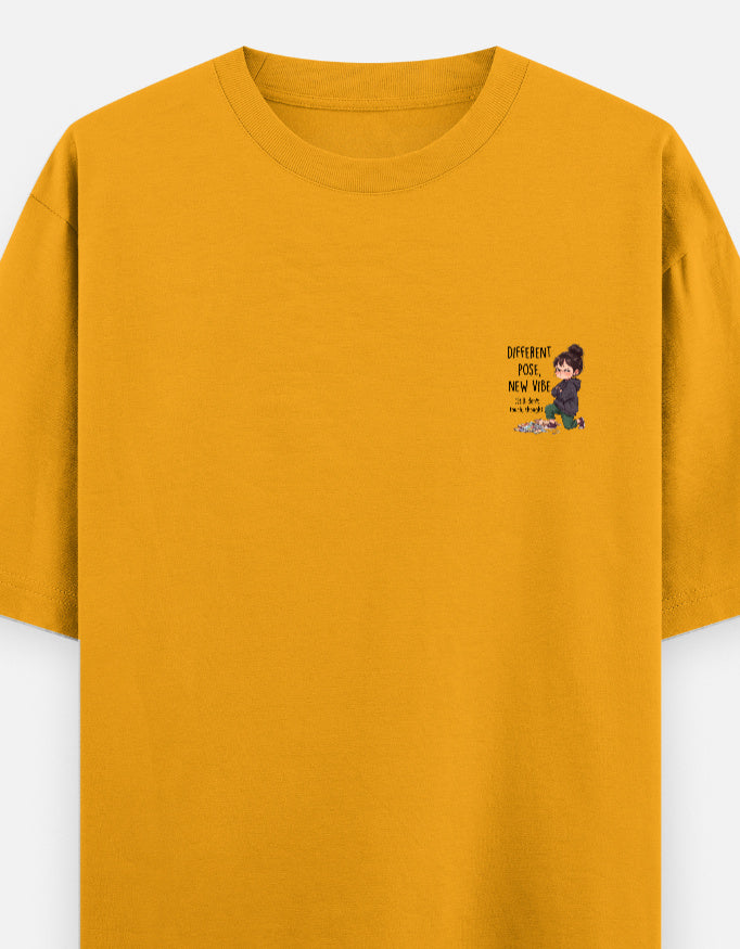 Unisex graphic oversized round-neck T-shirt in golden yellow with small chest print.