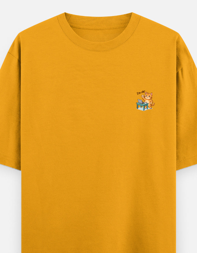 Unisex oversized round-neck T-shirt, golden yellow, small cartoon graphic on chest