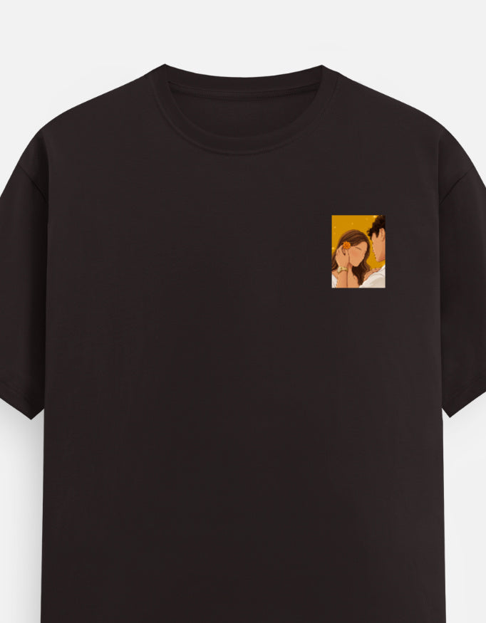 Coffee brown unisex crewneck T-shirt with small square portrait graphic on the chest