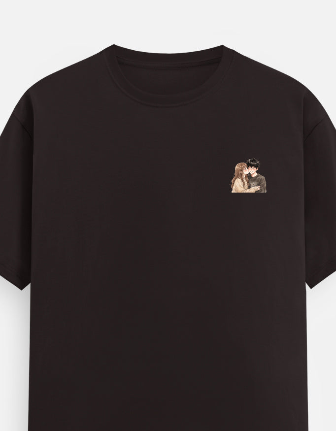 Unisex crewneck T-shirt, dark coffee brown with small chest couple graphic