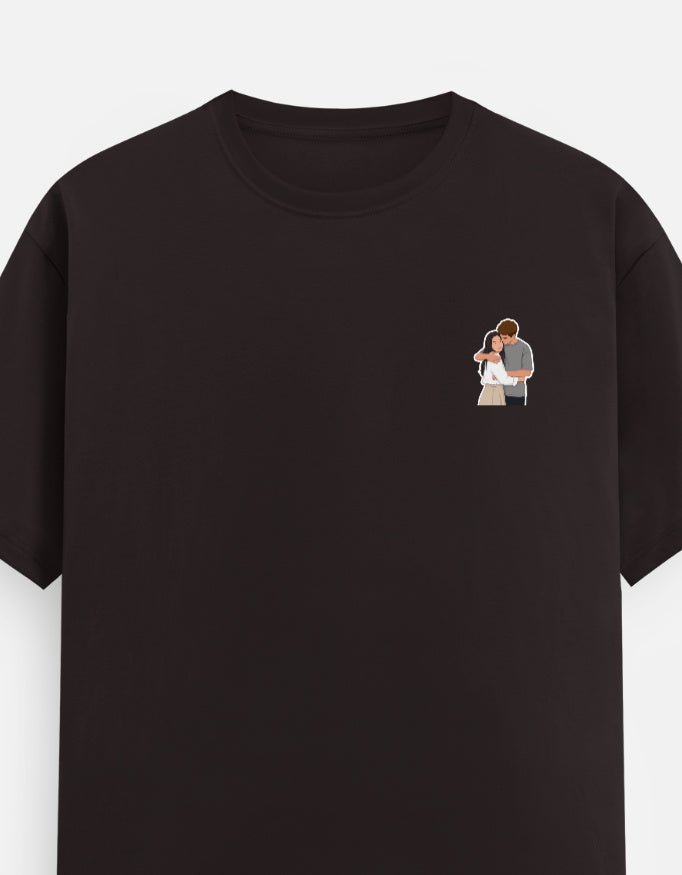 Coffee-brown unisex crew neck T-shirt with small chest couple graphic print.