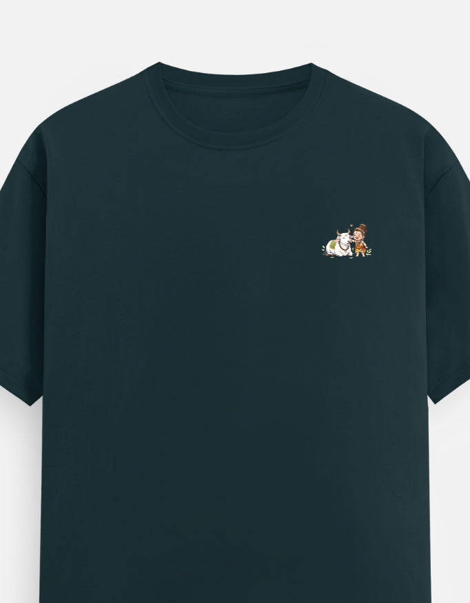 Unisex crew neck graphic t-shirt in petrol blue, small chest character print