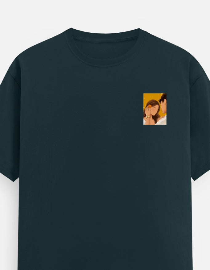 Petrol blue unisex crewneck T-shirt with small square portrait graphic on the chest