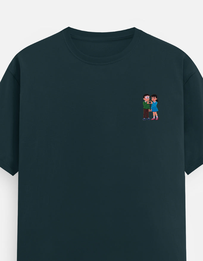 Petrol blue unisex crew-neck T-shirt with small colorful couple graphic on chest
