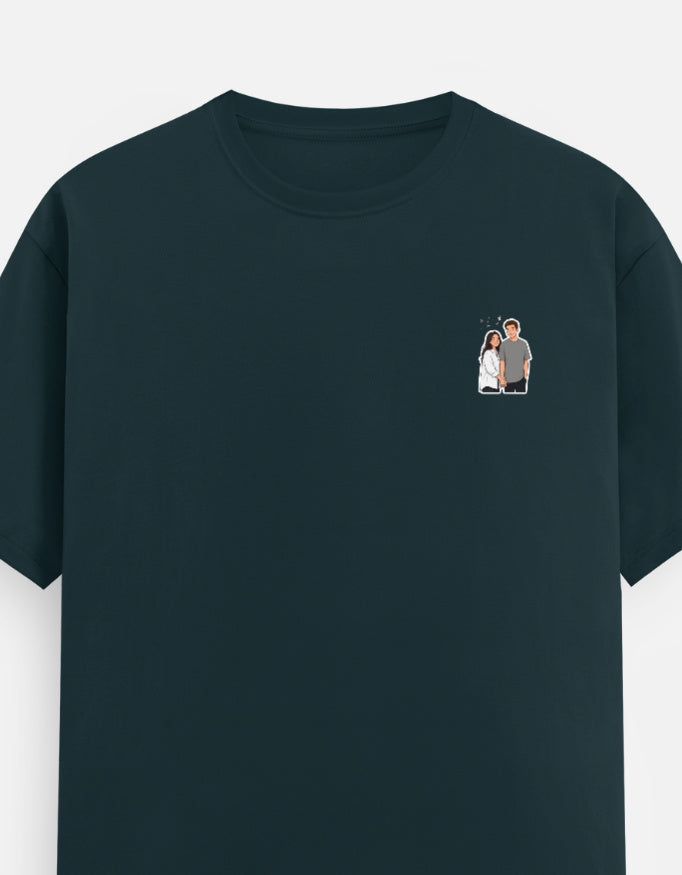 Petrol blue unisex crew-neck T-shirt with short sleeves and small chest graphic.