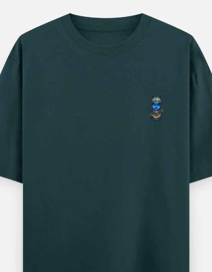 Petrol blue unisex oversized round-neck T-shirt with small colorful face graphic on chest