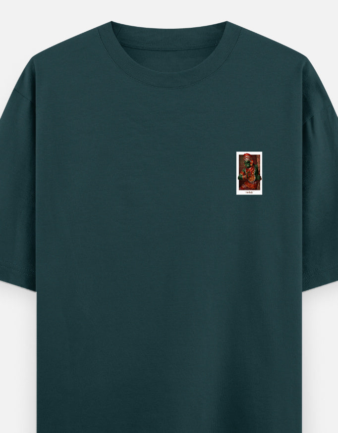 Oversized unisex round-neck T-shirt in teal green with small chest graphic print